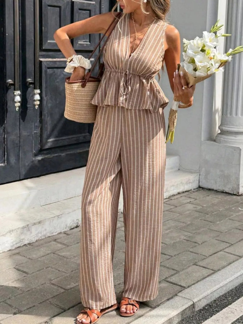 Striped sleeveless top and wide leg pants set front view