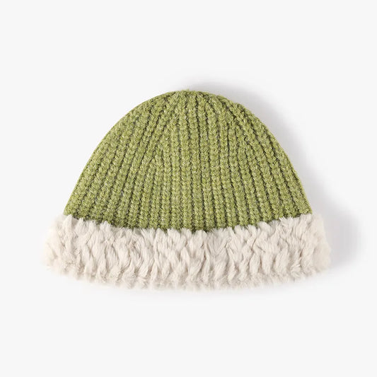 Fuzzy Hem Knit Hat Lime One Size - Fashorio