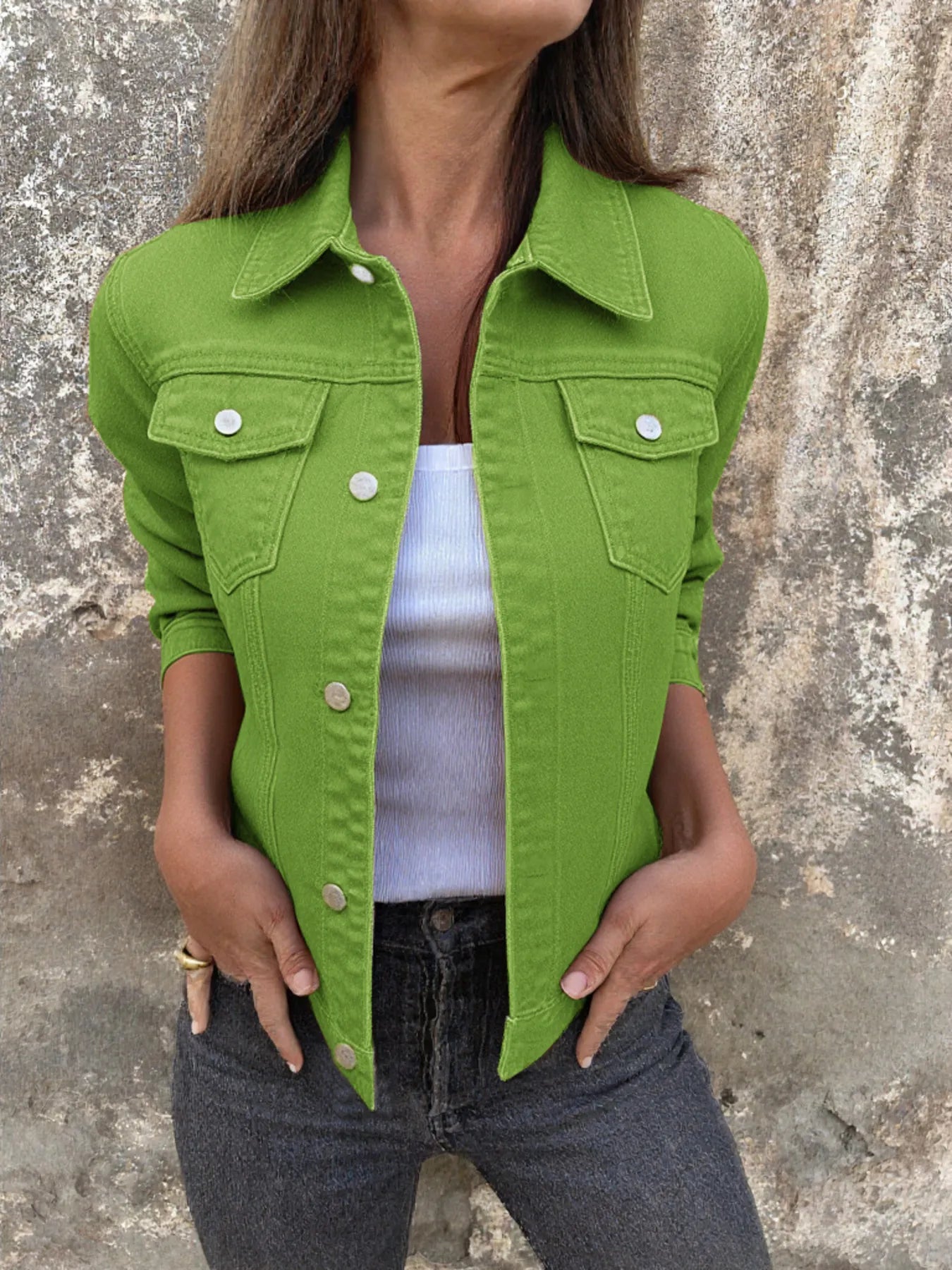 Button Front Closure Denim Jacket Green - Fashorio