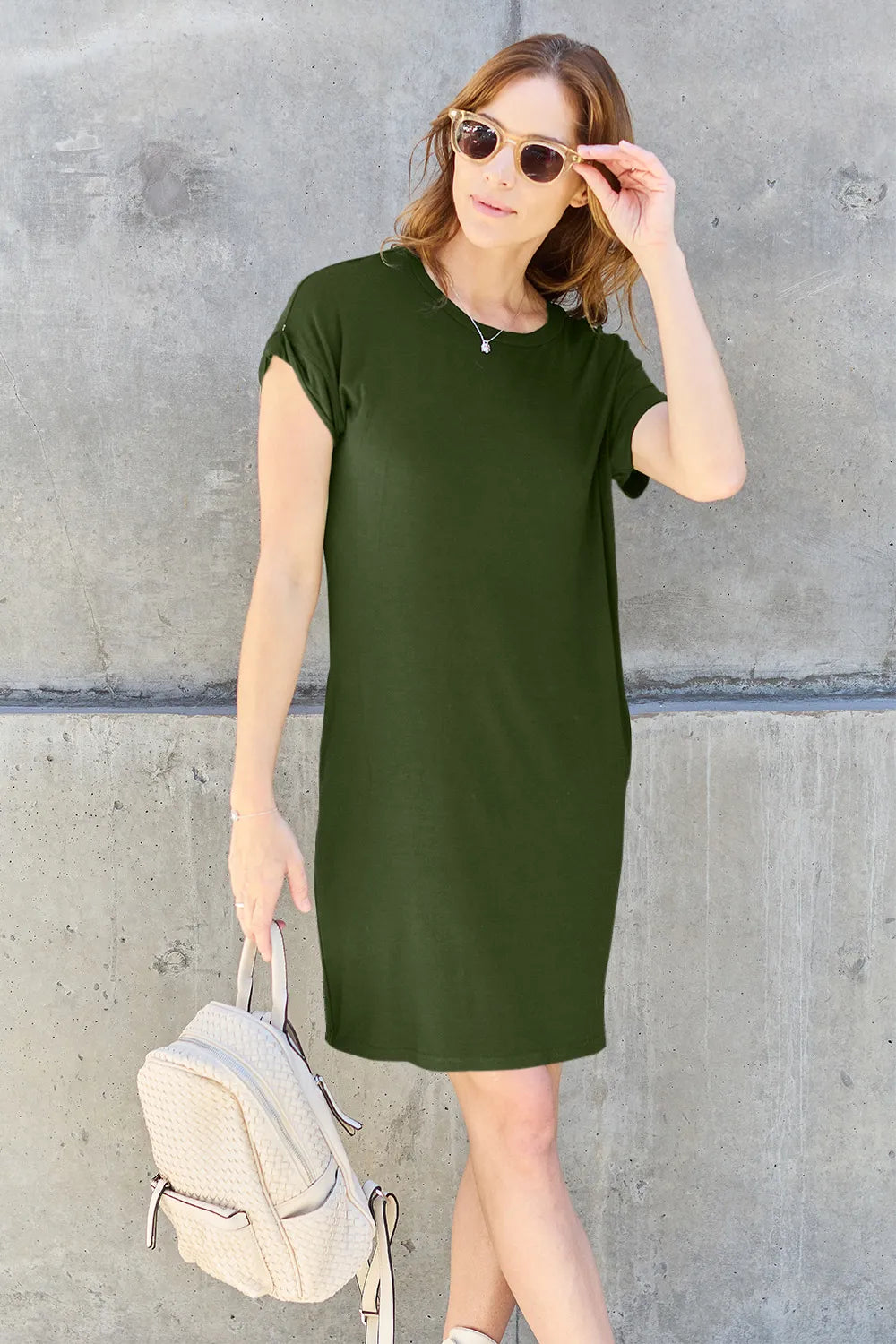 Basic Bae Full Size Round Neck Short Sleeve Dress with Pockets Matcha Green - Fashorio
