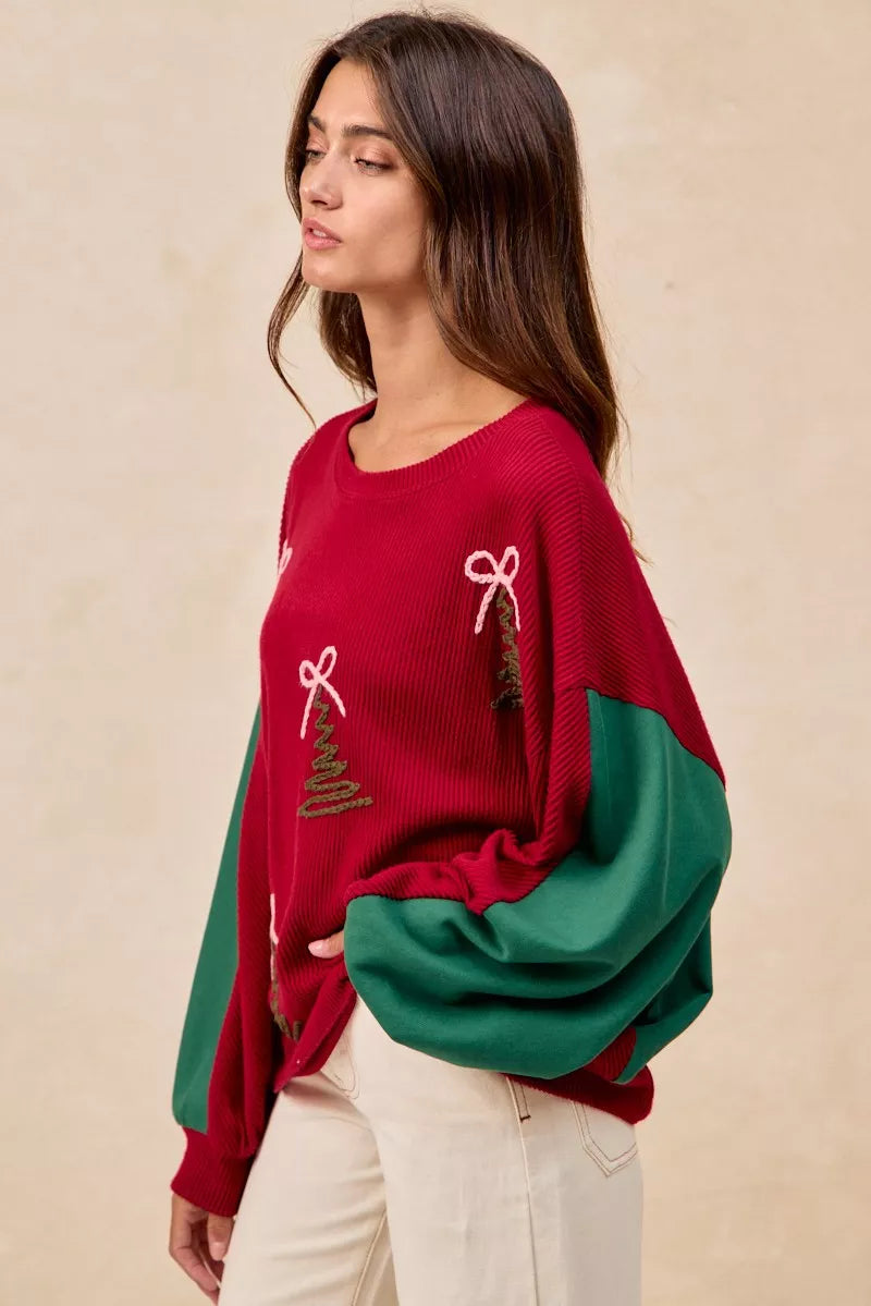 Embroidered Christmas Tree Sweater in Red view 9