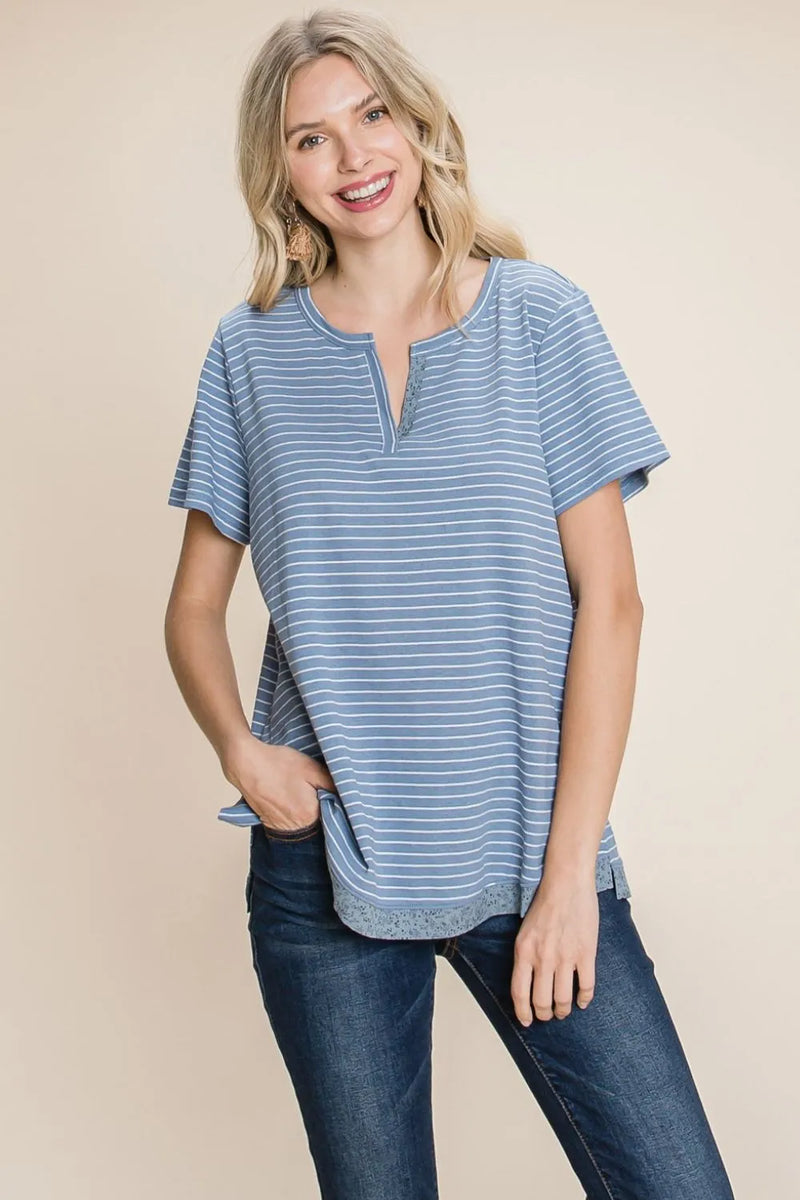 Striped notched neck side slit short sleeve top front view
