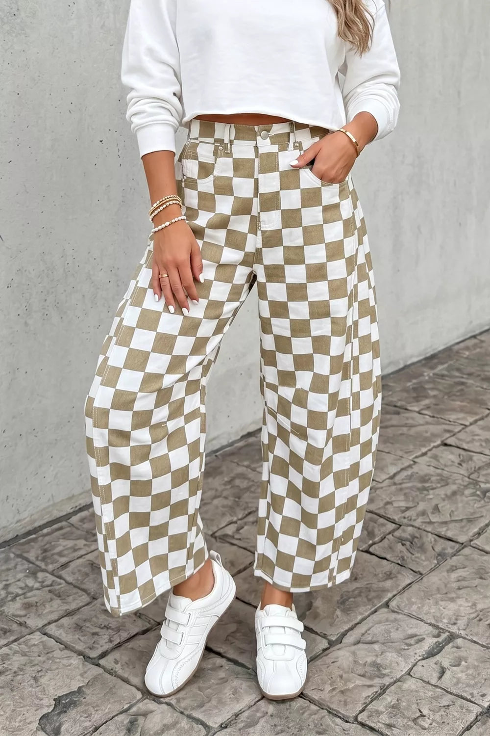 Checkered denim pants side view showing leg shape