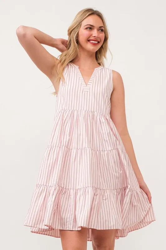 Striped Sleeveless V Neck Tiered Dress close up