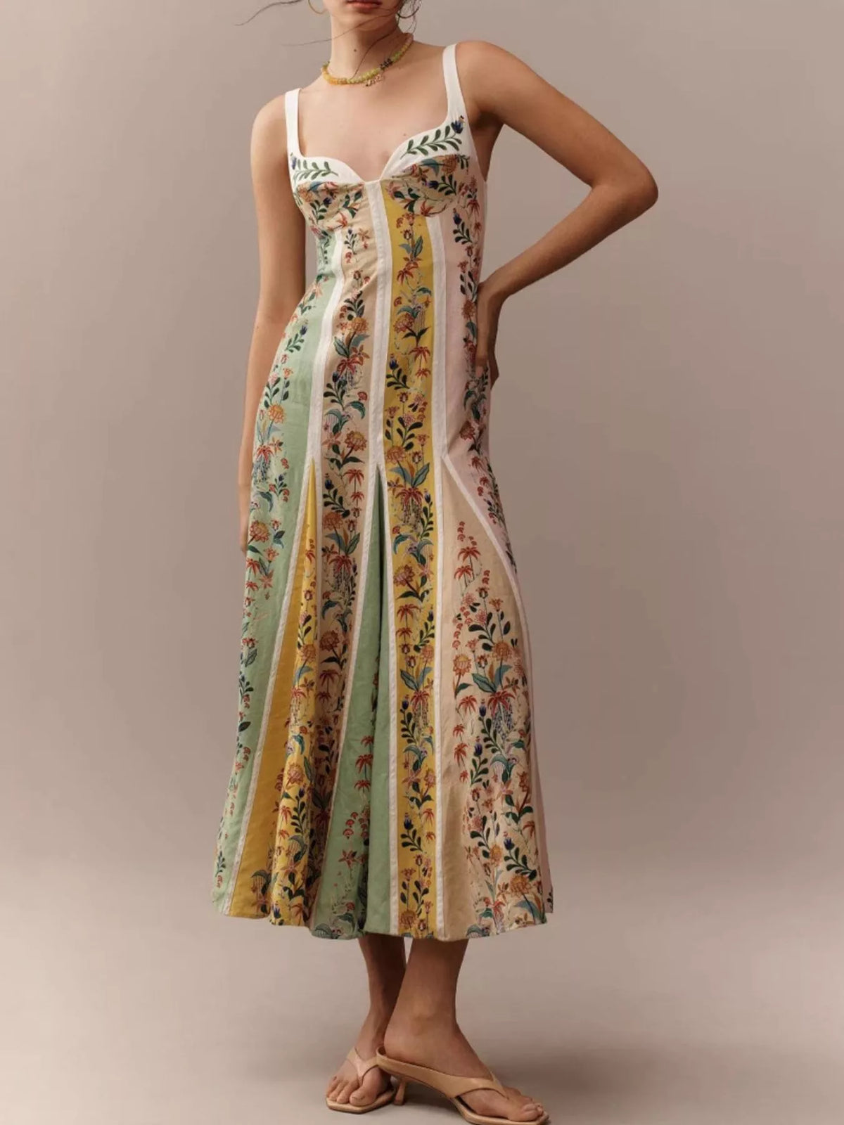 Floral sweetheart neck maxi dress fabric detail