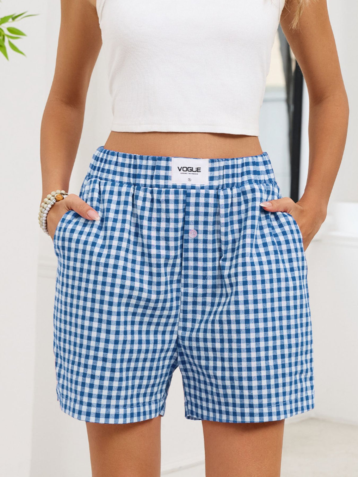 Gingham elastic waist shorts full length styled view
