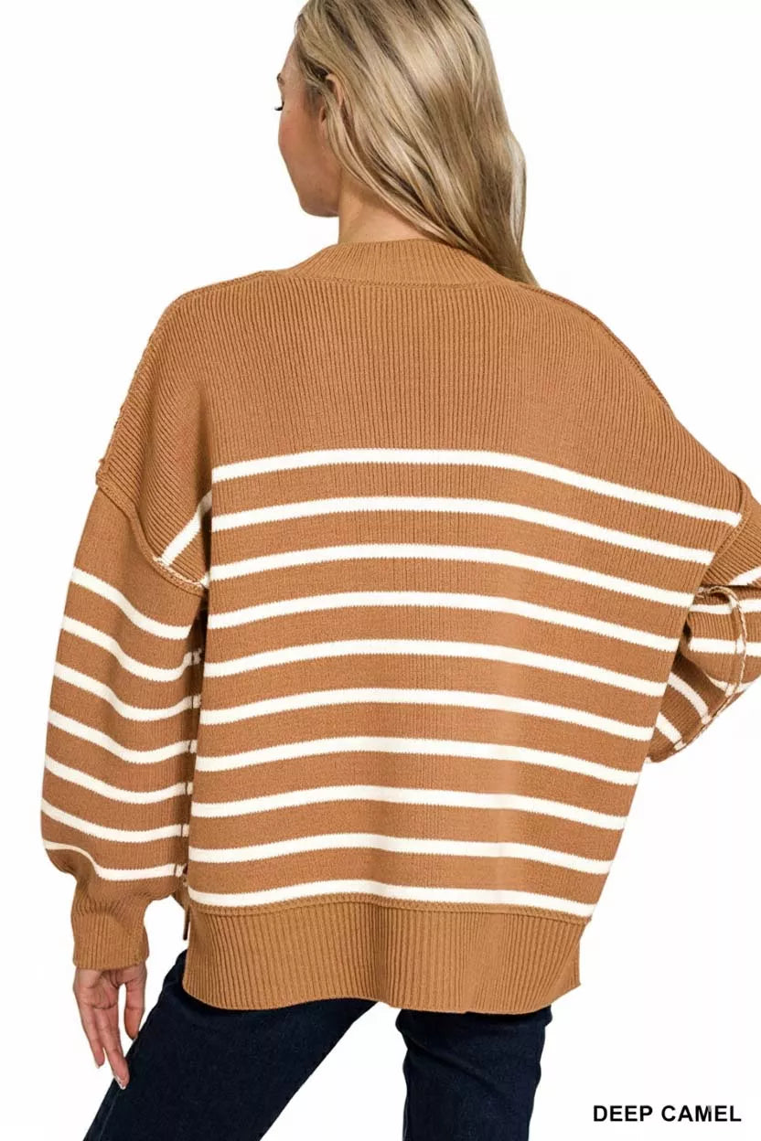 Exposed Seam Striped Oversized Sweater in Deep Camel side view
