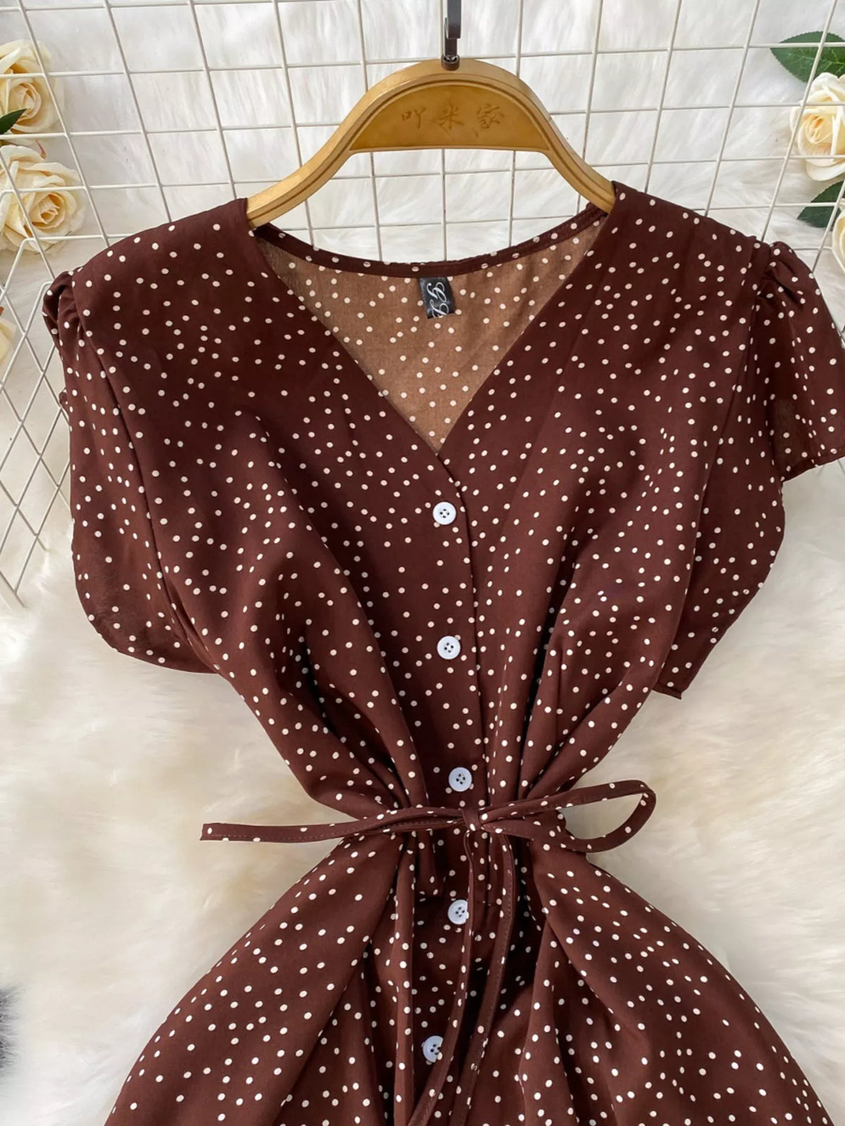 Brown polka dot maxi dress belt and button detail