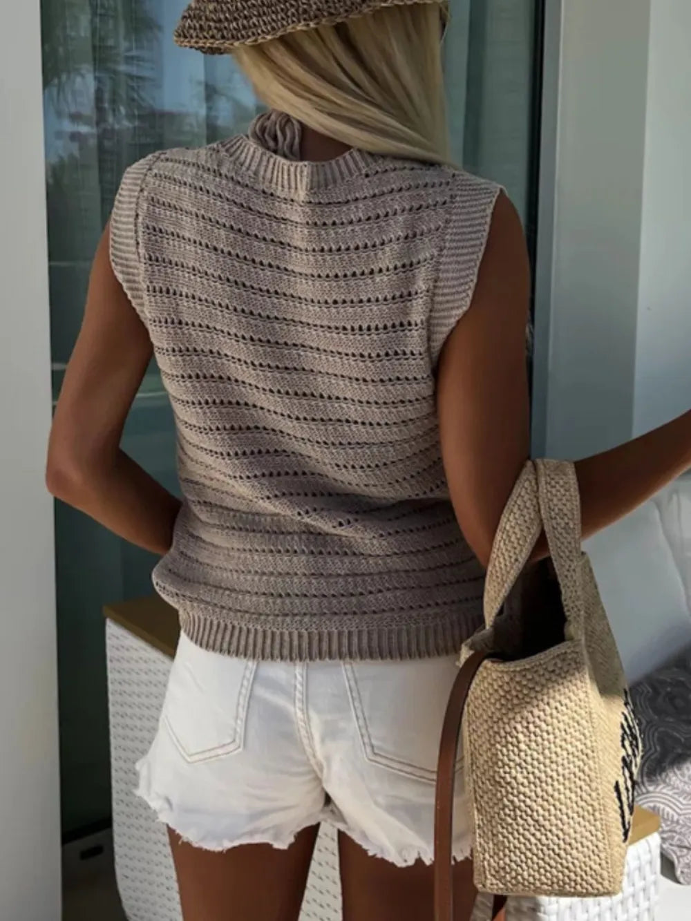 Openwork Round Neck Sweater Vest in Beige on model