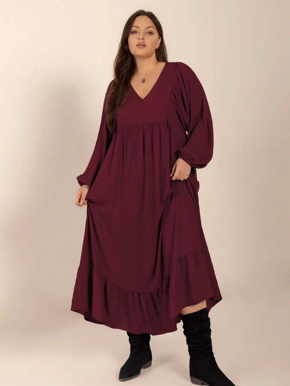 burgundy plus size ruffled hem v neck balloon sleeve dress side view
