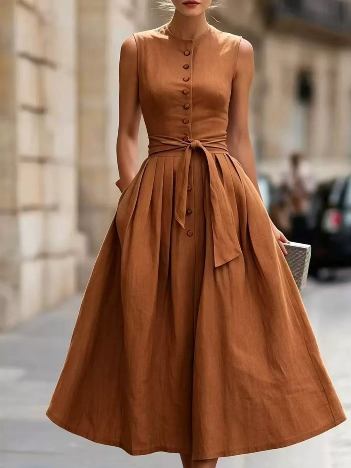 Midi dress shown in white on a model
