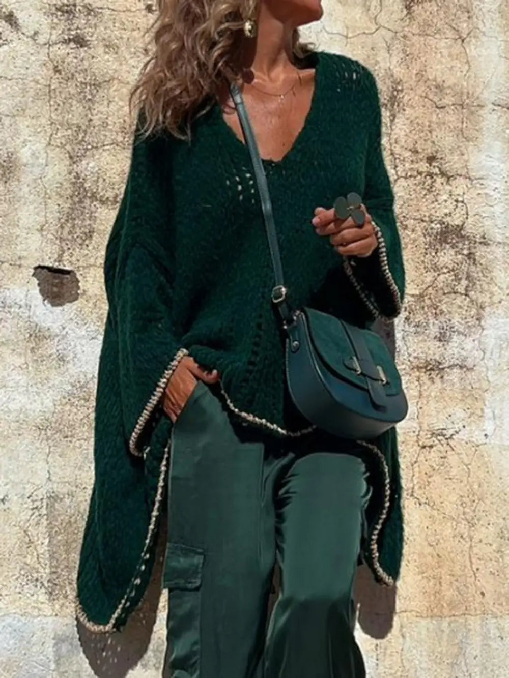 Contrast V-Neck Long Sleeve Sweater Dark Green - Fashorio
