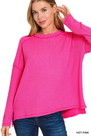 Zenana Exposed Seam Long Sleeve Corded Rib Knit Top - Fashorio