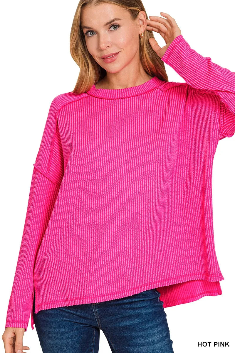 Zenana Exposed Seam Long Sleeve Corded Rib Knit Top - Fashorio