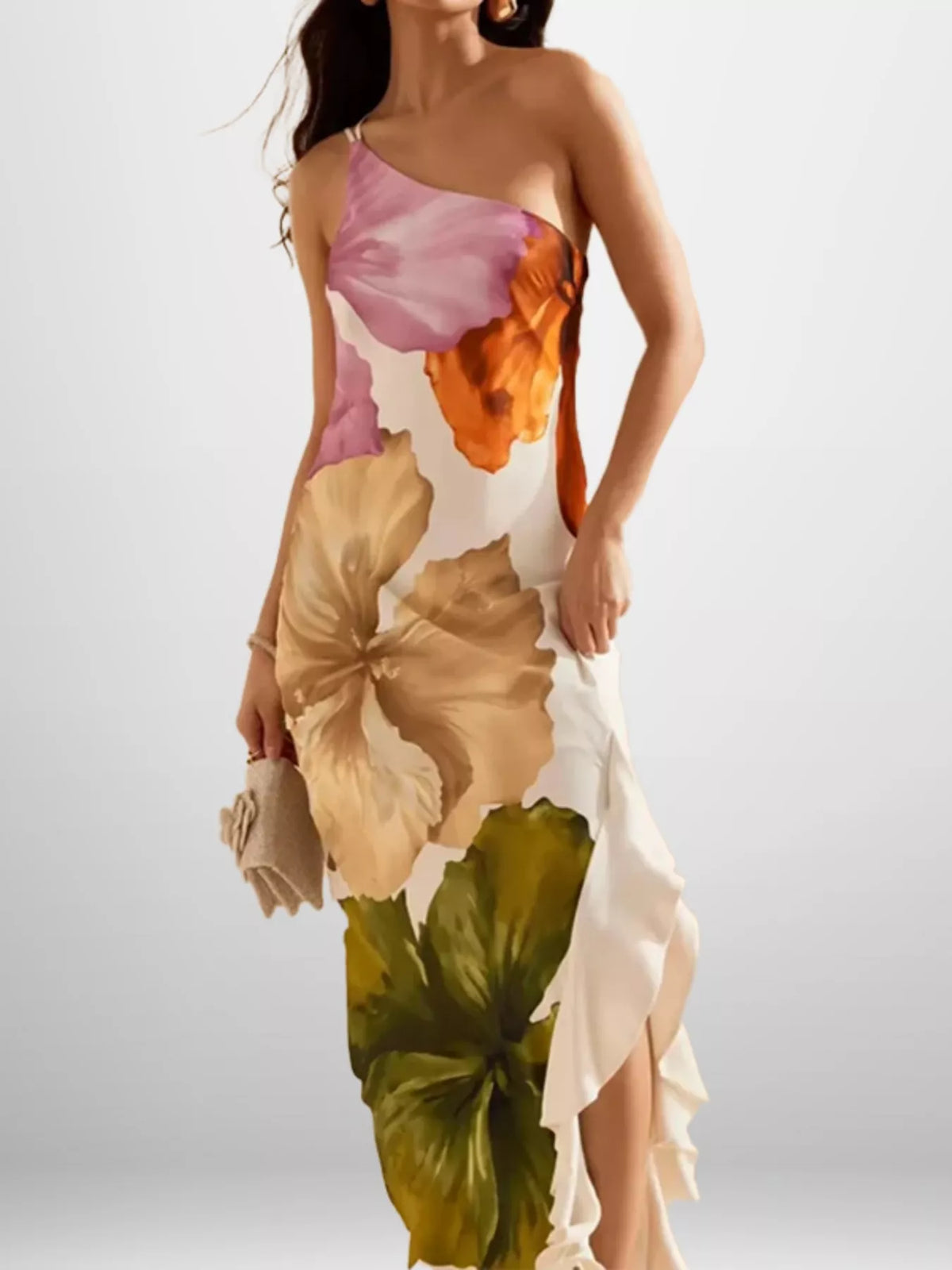 One shoulder floral maxi dress styled for a wedding