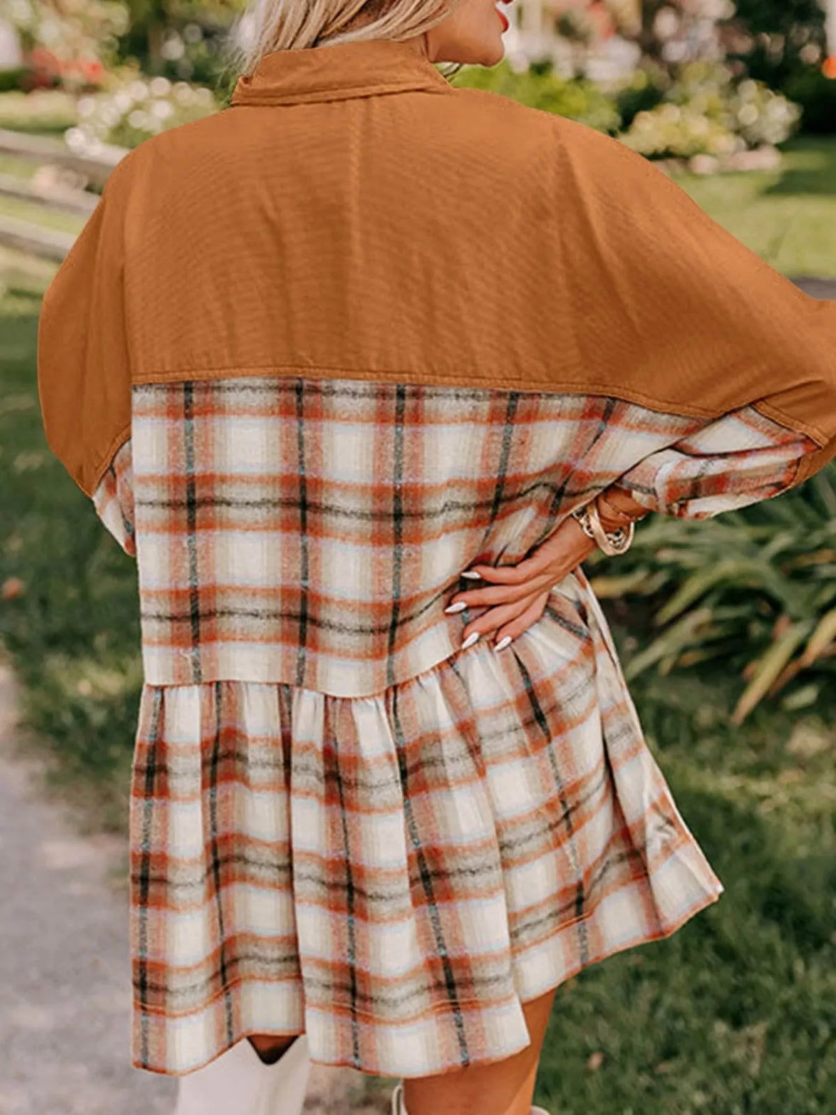Plaid Button Front Mini Dress in Caramel back view