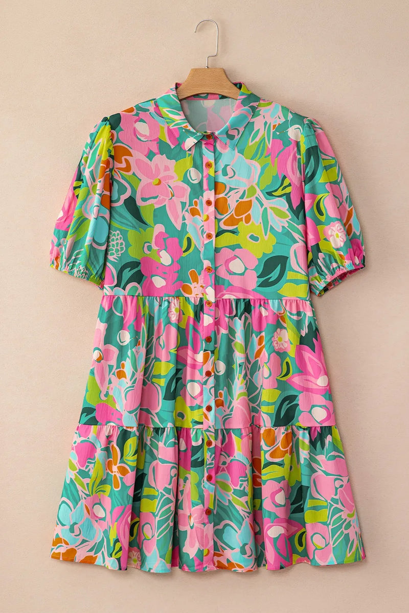 Floral collared neck puff sleeve mini dress front view