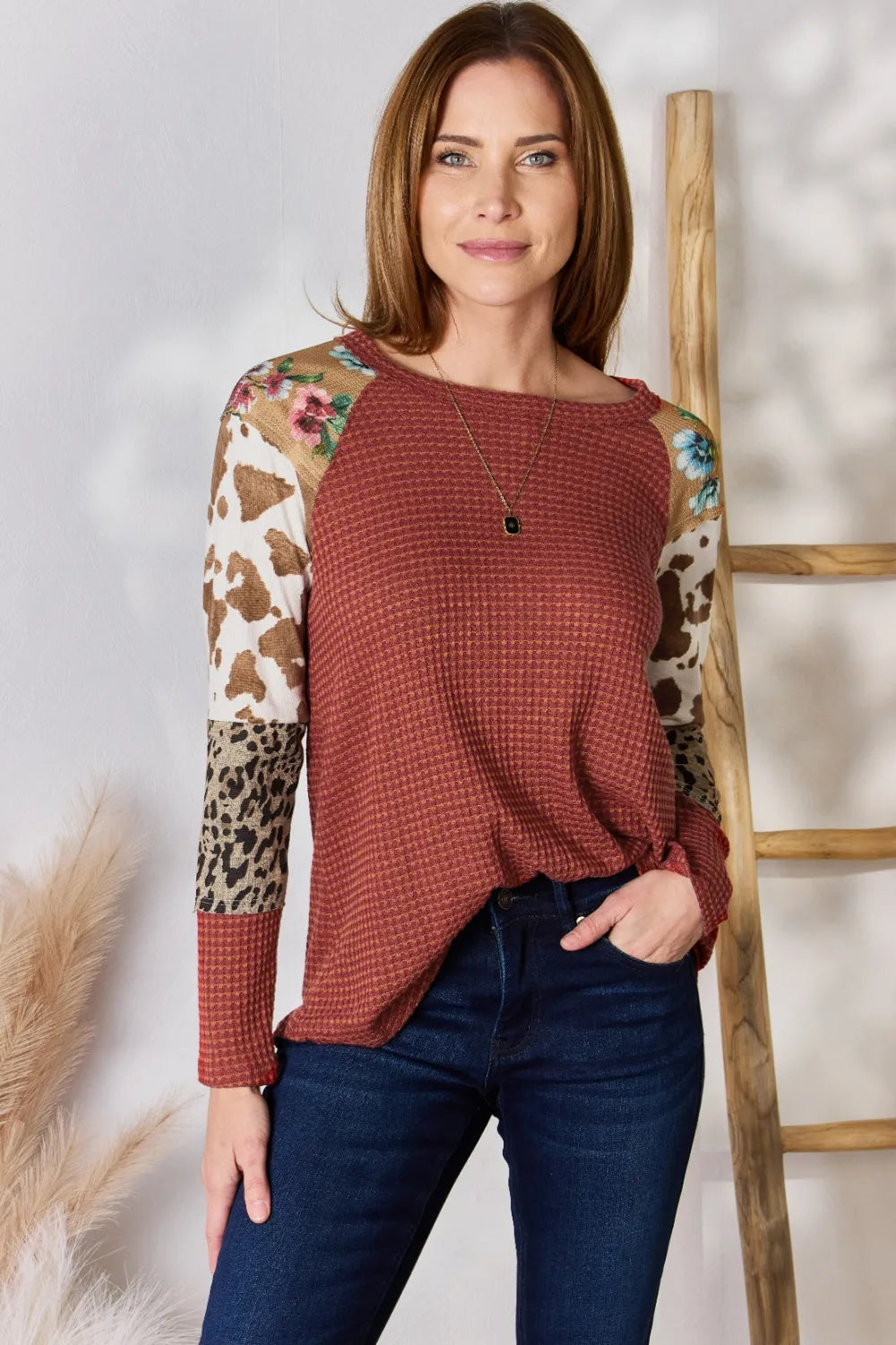 Hailey & Co Full Size Leopard Waffle-Knit Blouse - Fashorio