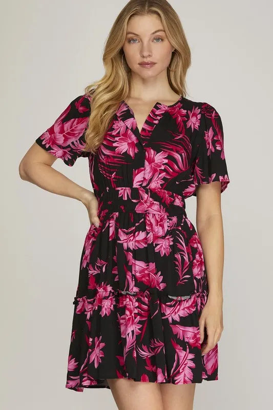 Printed Notched Short Sleeve Frill Tiered Dress