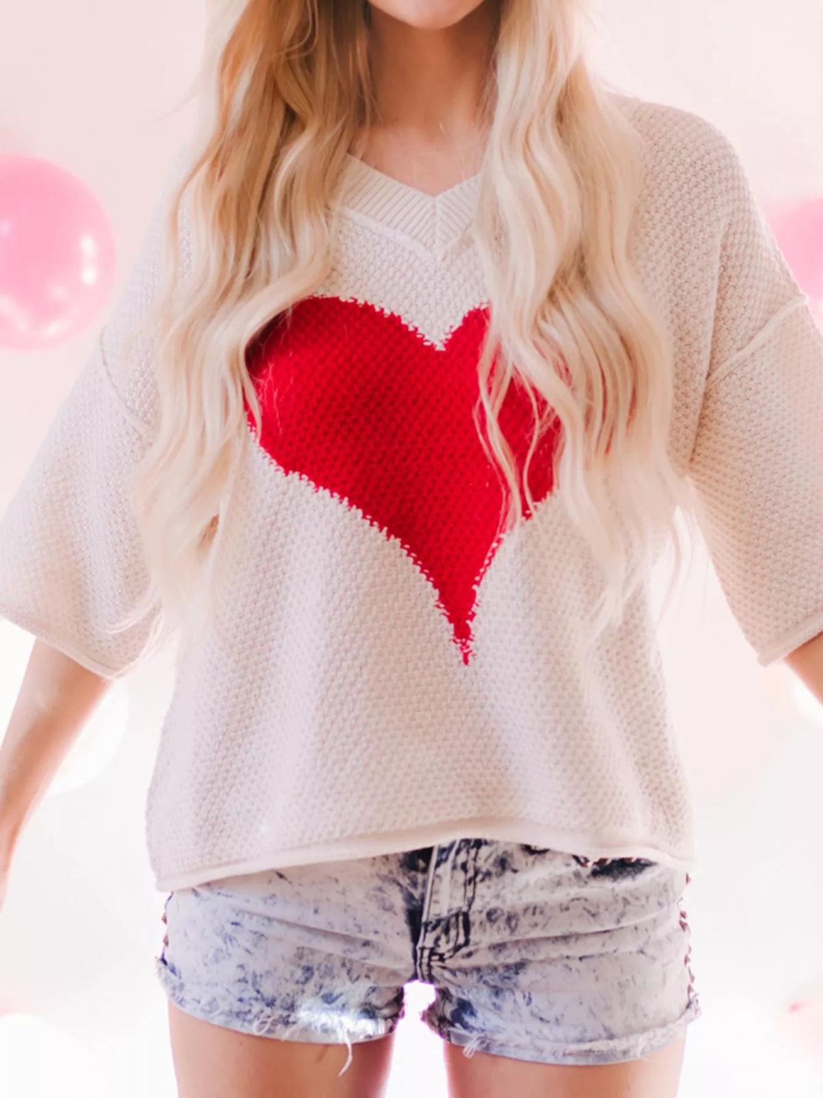 Dropped sleeve heart print knit sweater view