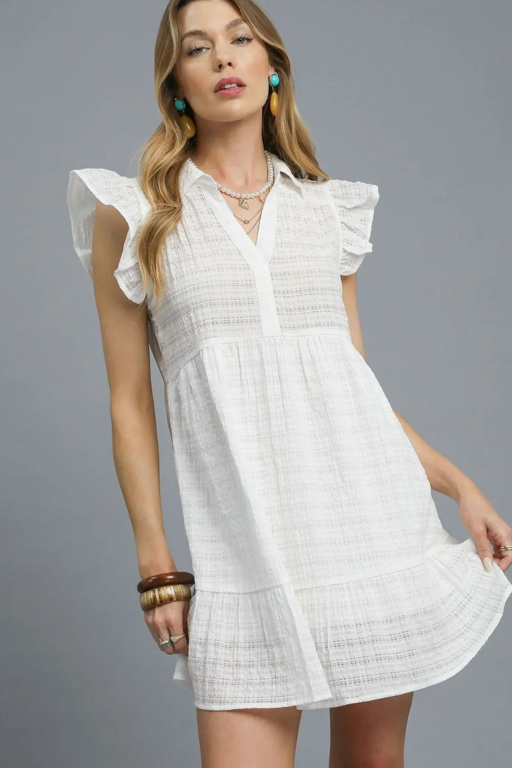 Ruffle Cap Sleeve Textured Mini Dress