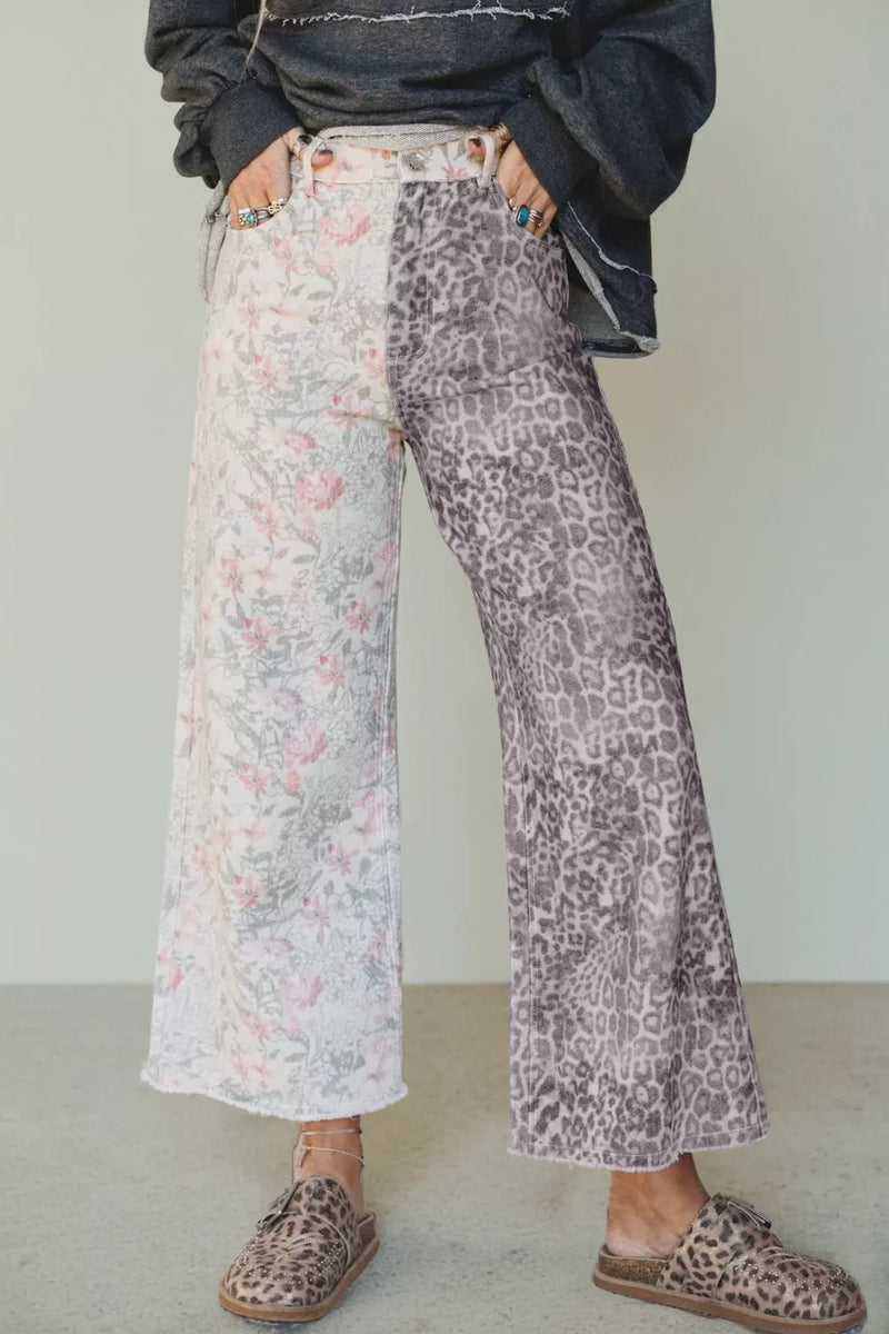 Leopard and floral print wide leg jeans front view