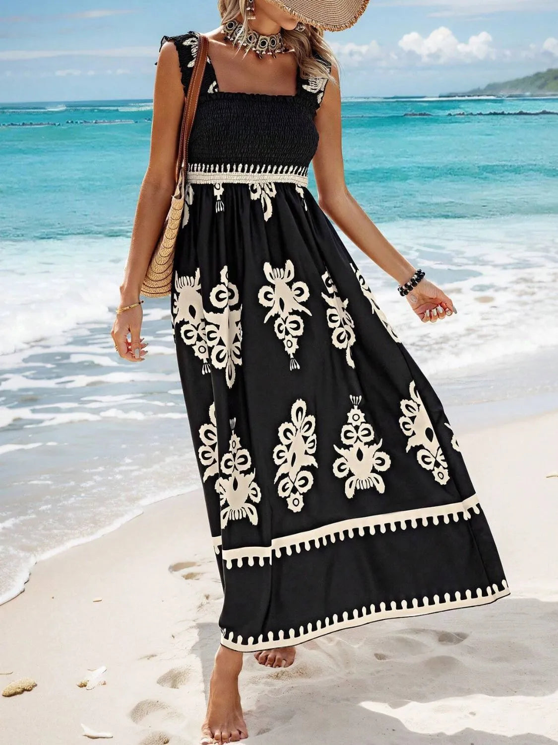 Printed smocked maxi dress full length