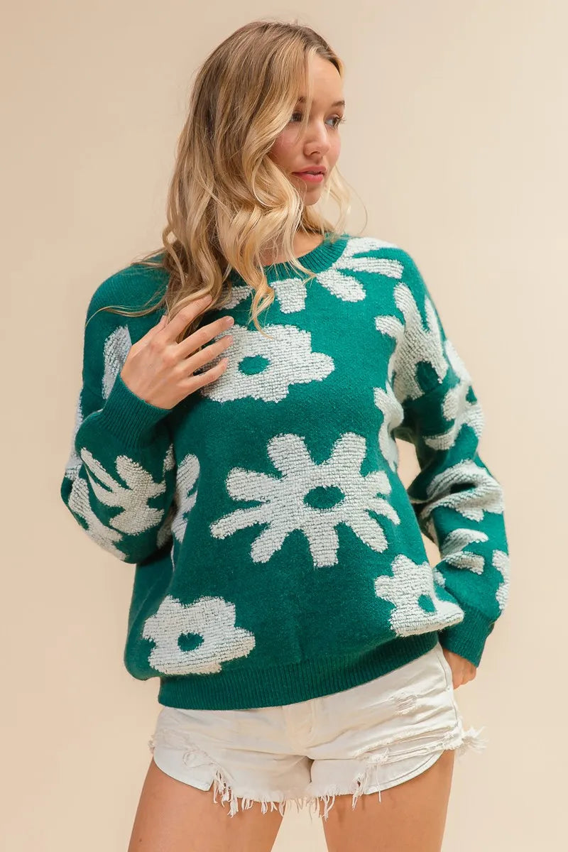 Floral Pattern Long Sleeve Sweater Top in Hunter Green side view