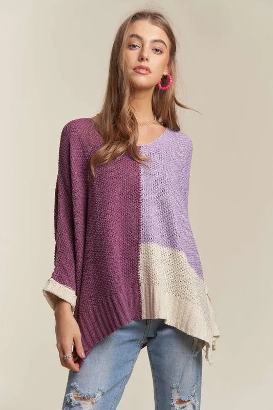 Side Slit Color Block Long Sleeve Sweater in Deep Purple detail