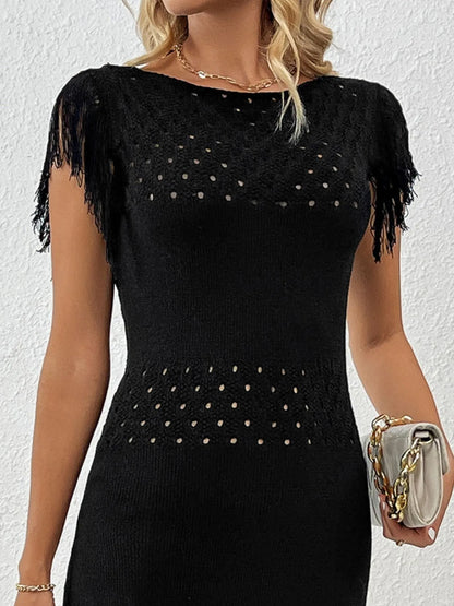 Fringe Crochet Boat Neck Sweater Dress - Fashorio