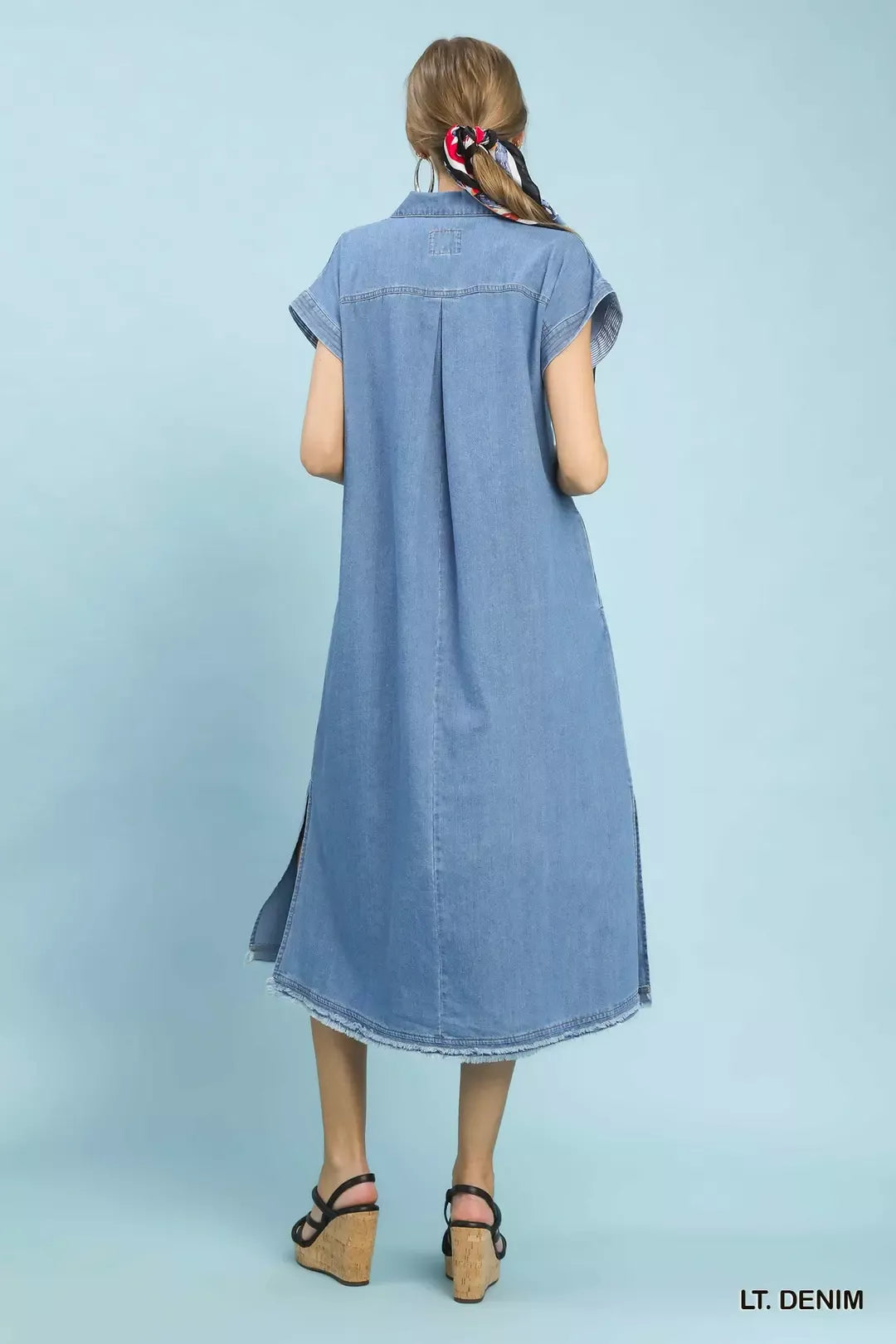 Stone Washed Collared Denim Midi Dress side view