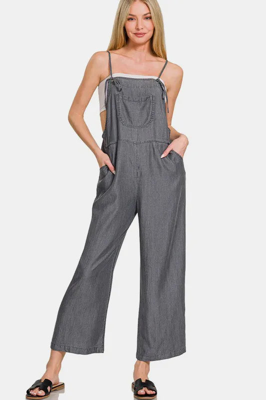 Zenana Washed Adjustable Strap Wide Leg Denim Overalls Black - Fashorio