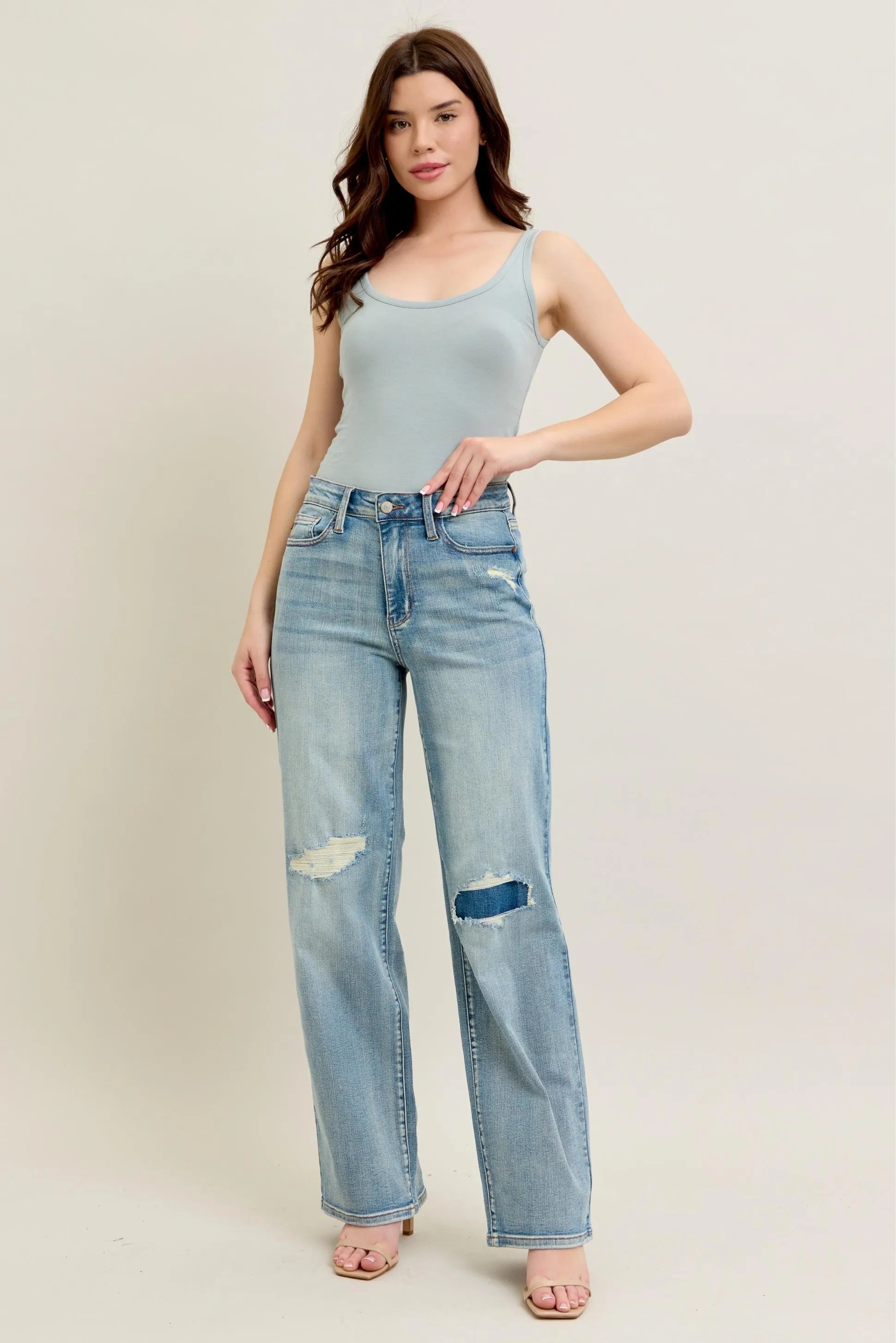 Judy Blue Full Size Hw Destroy & Knee Patch Straight Jeans Plus Size - Fashorio
