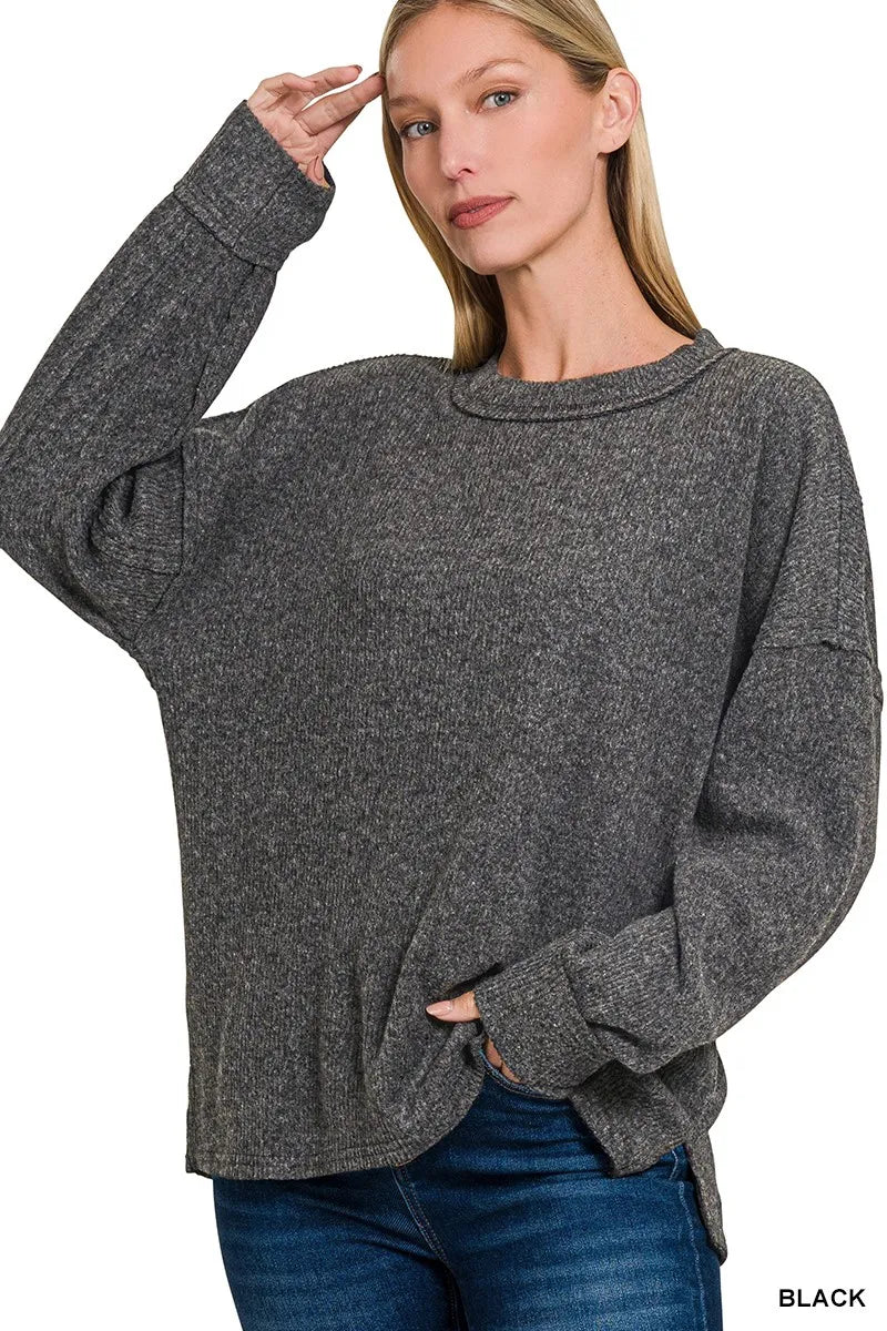 Brushed Ribbed Hacci Drop Shoulder Sweater Plus Size in Black