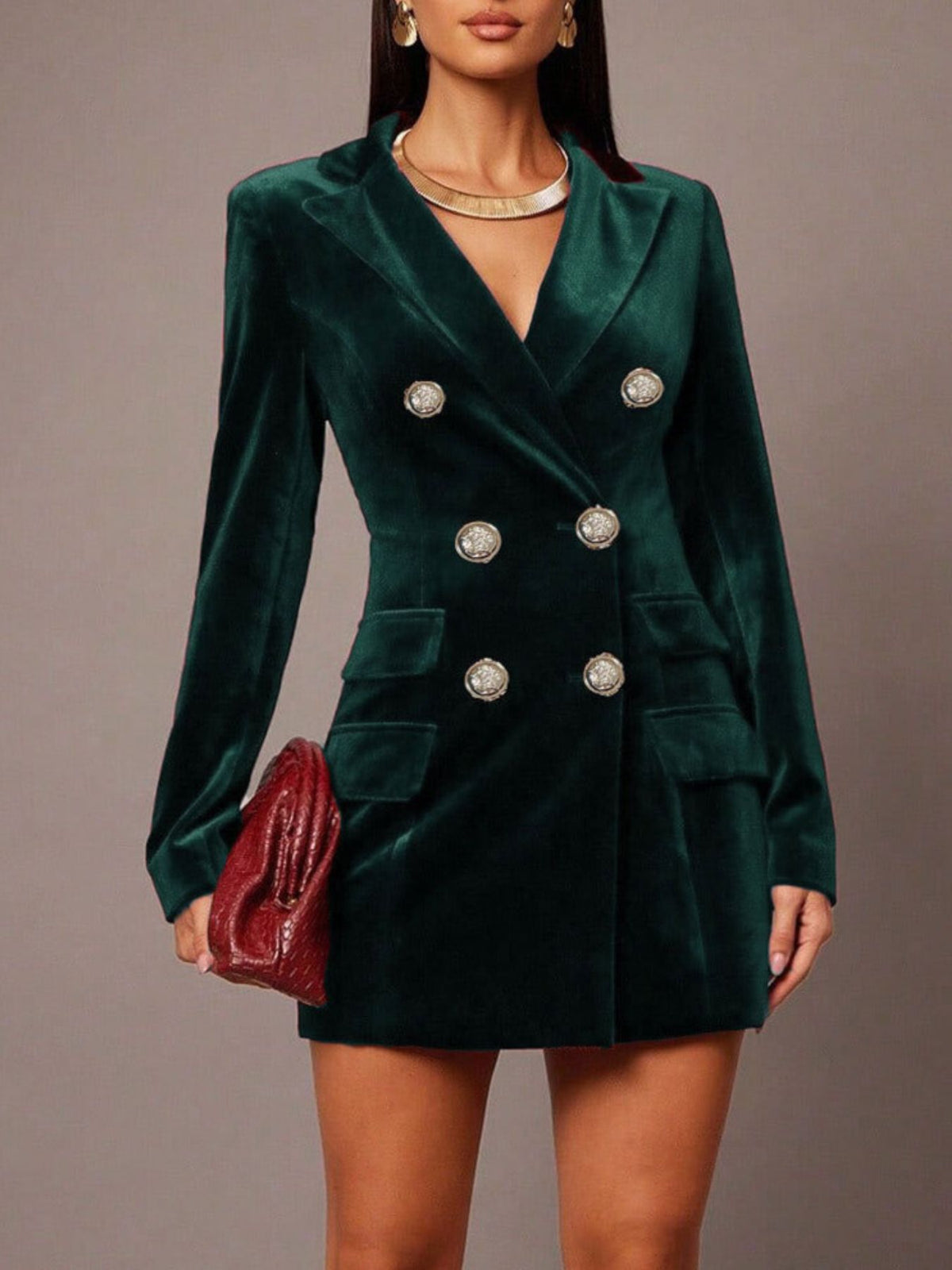Velvet double breasted blazer dress styled look