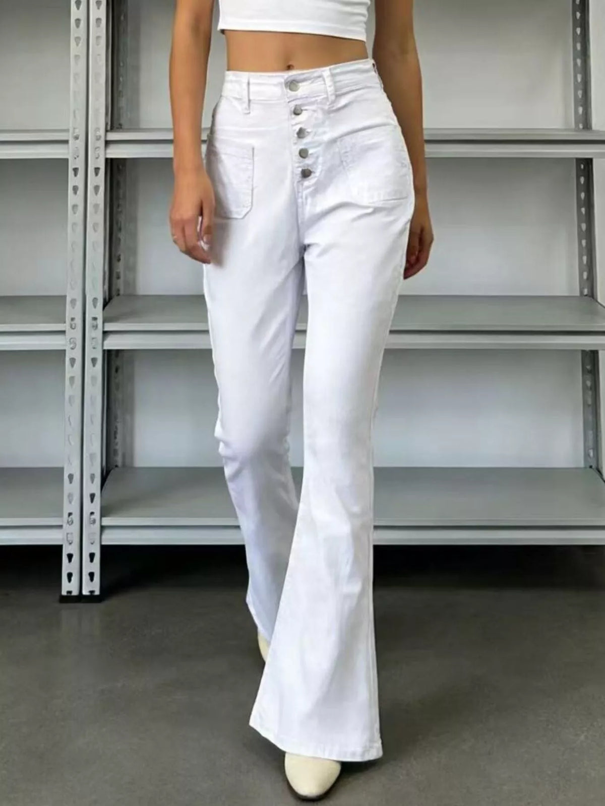 High waist button fly flare jeans front