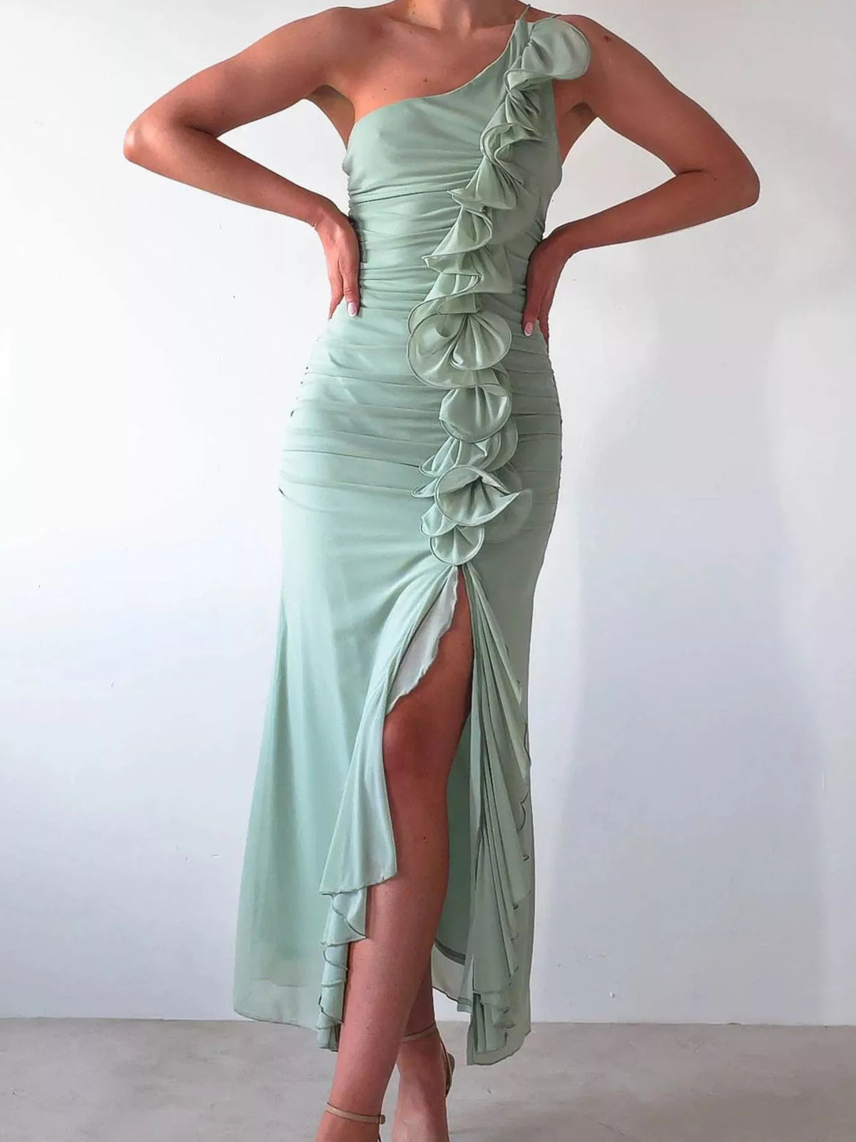 one shoulder ruffle slit dress full length view
