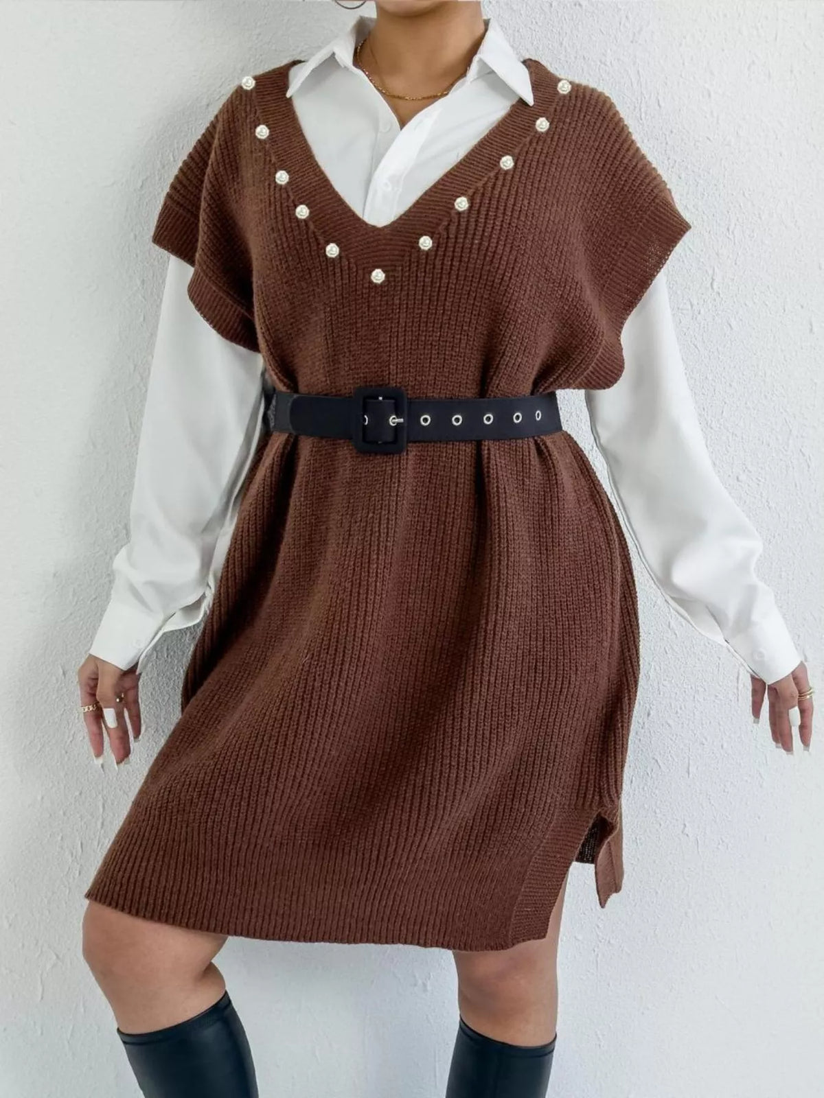 slit v neck sweater dress styled look
