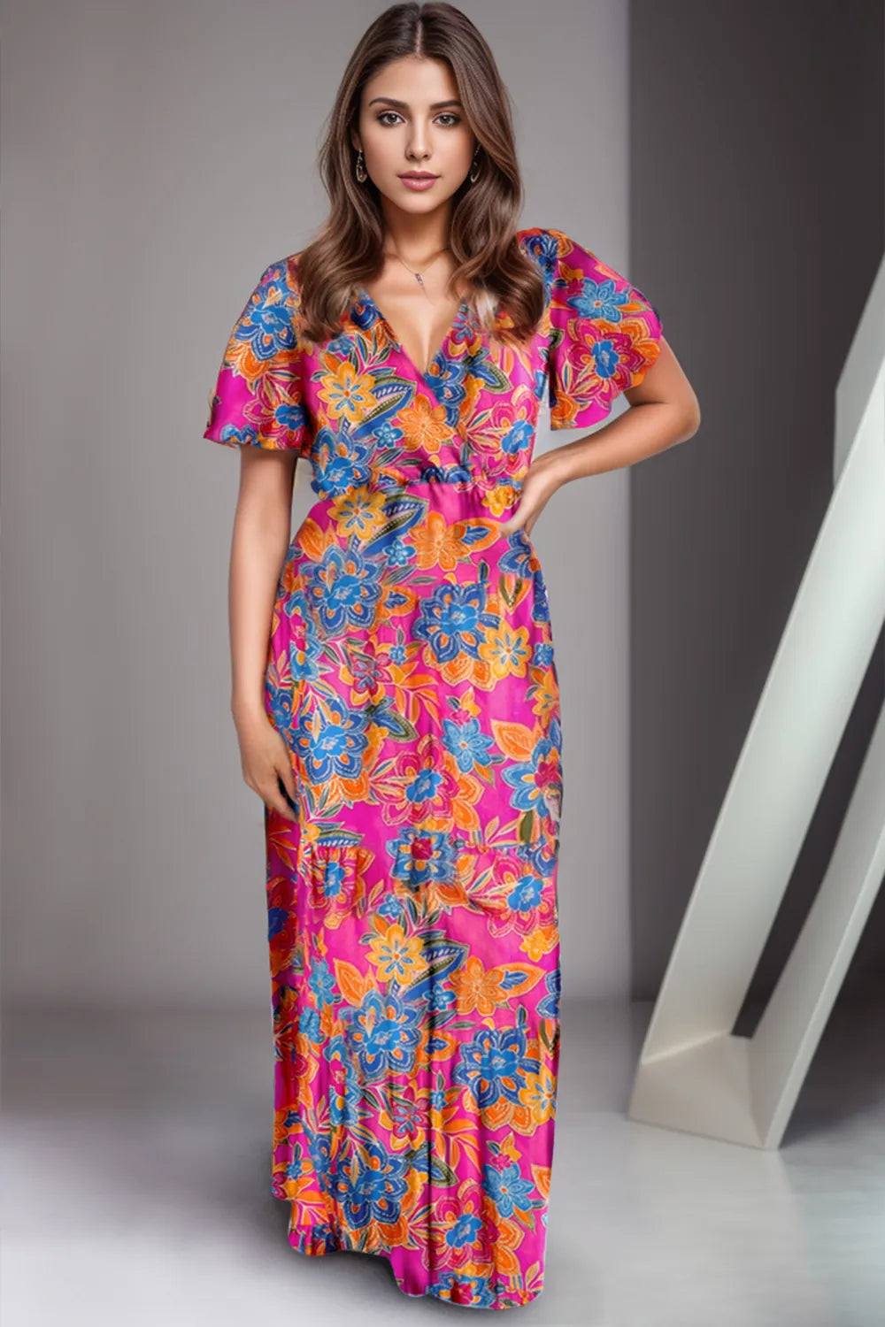Printed Surplice Short Sleeve Maxi Dress - Fashorio