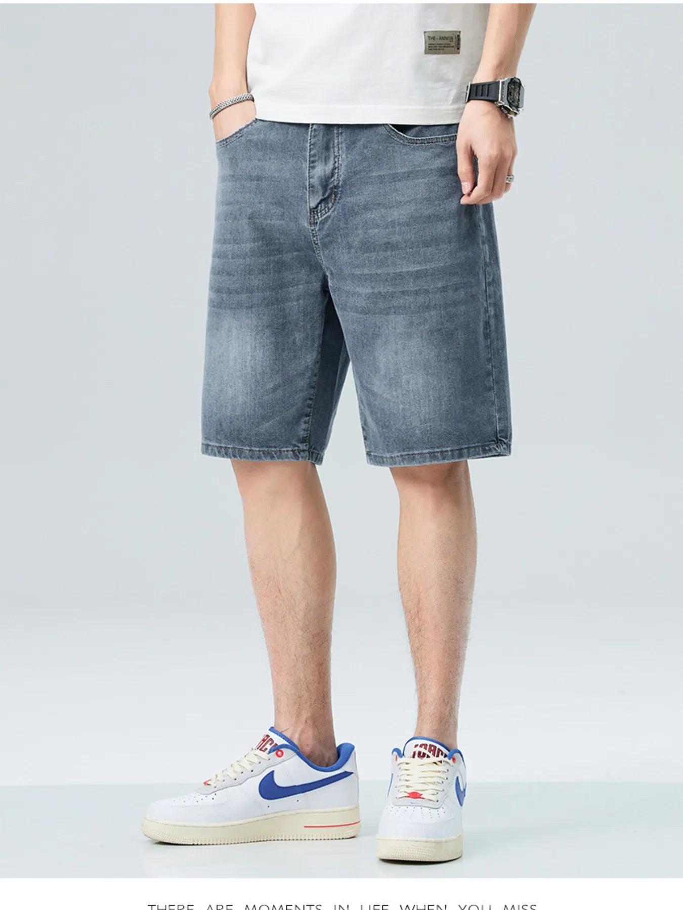 Men's Washed Denim Shorts with Pockets Blue Gray - Fashorio