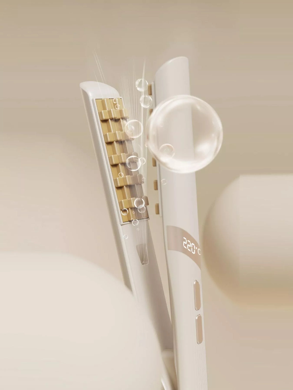 Beige curling iron held in hand