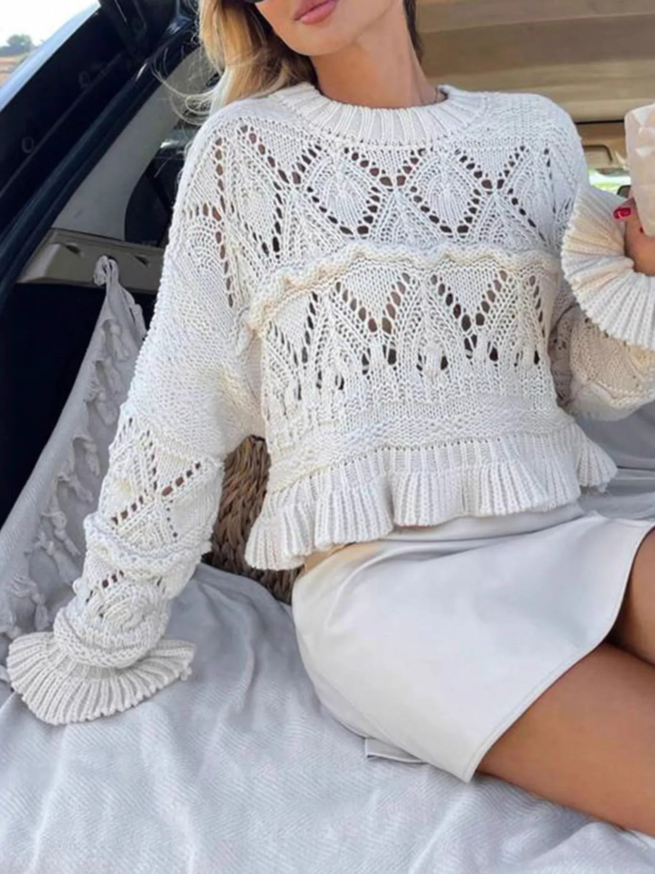 Crochet Ruffled Hem Long Sleeve Sweater - Fashorio