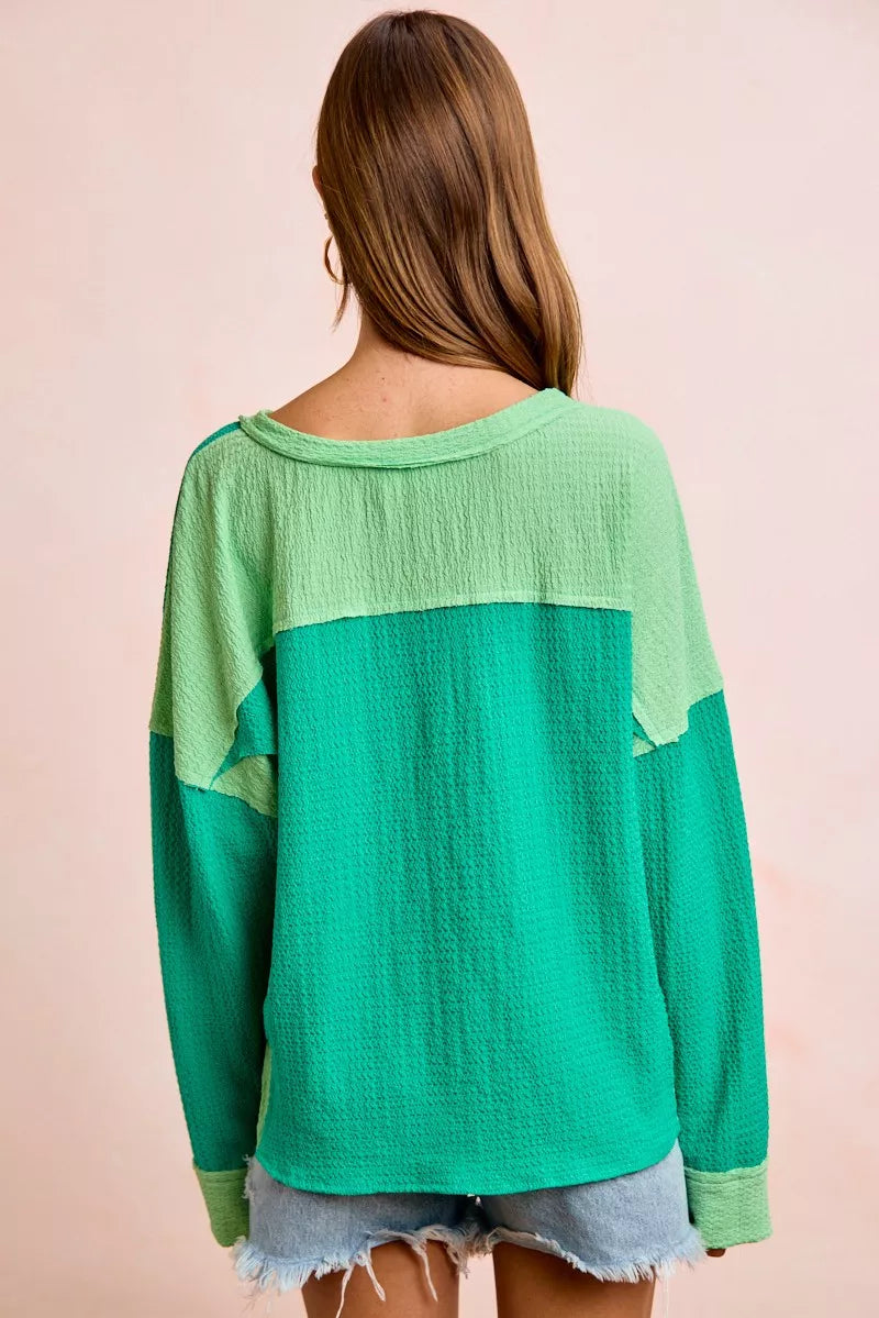 BiBi emerald and light green color block textured top side view