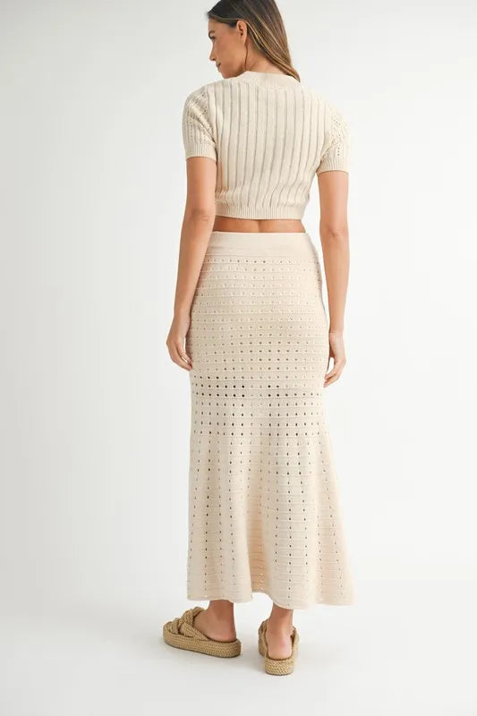 MABLE Pointelle Short Sleeve Crop Top and Slit Skirt Sweater Set - Fashorio