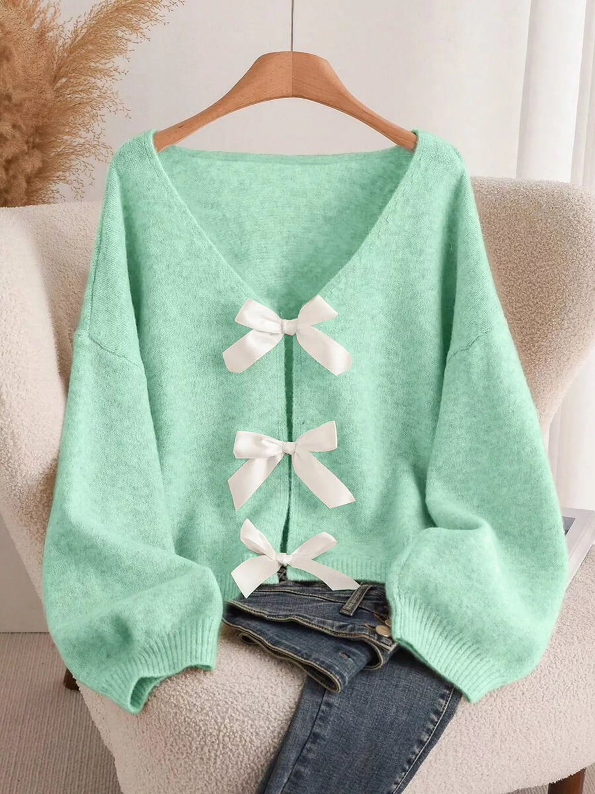 Bow Knot Front V Neck Knit Cardigan, view 8