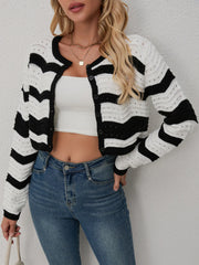 Striped Knit Button-Up Cropped Cardigan Black - Fashorio