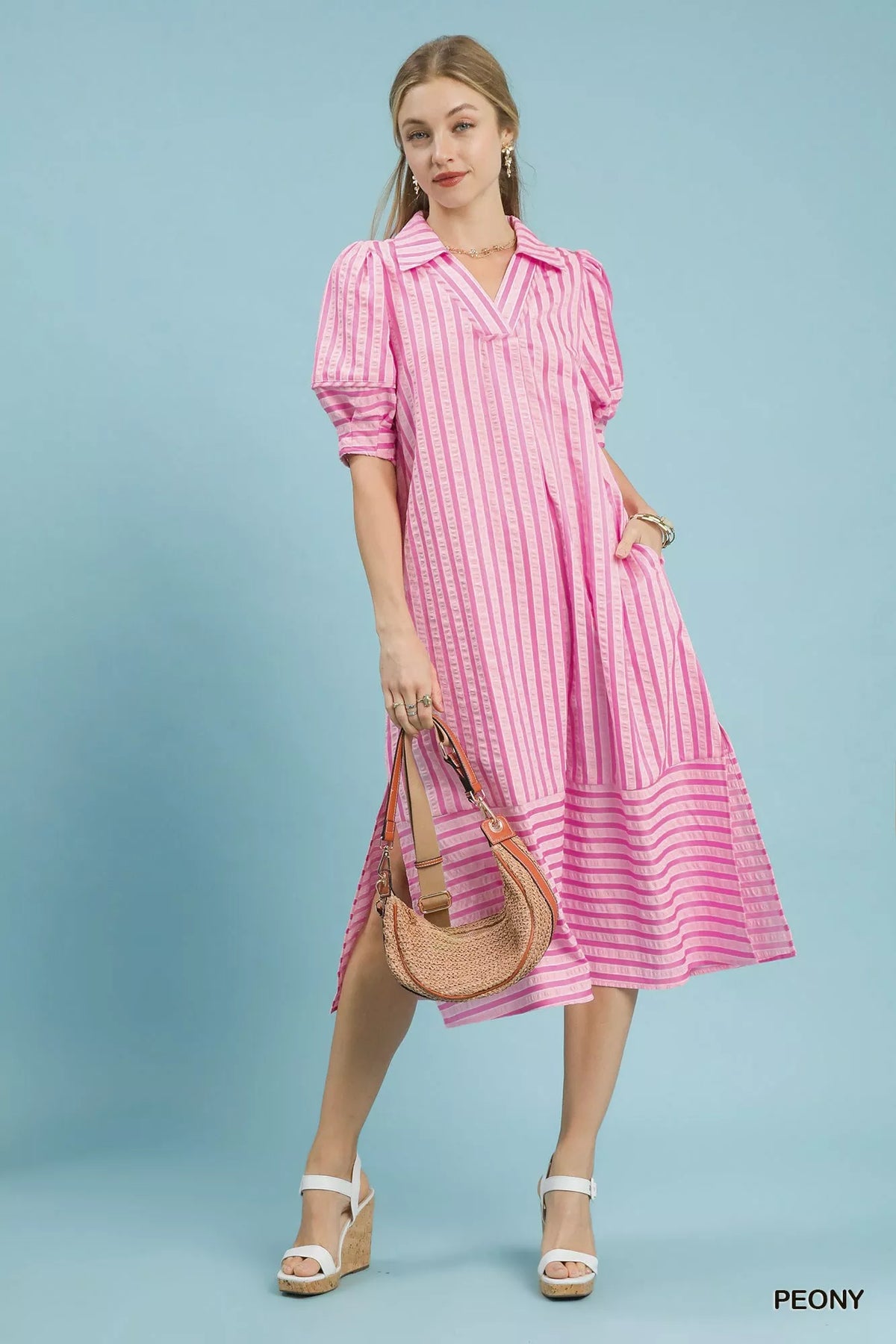 Puff sleeve striped midi dress styling view