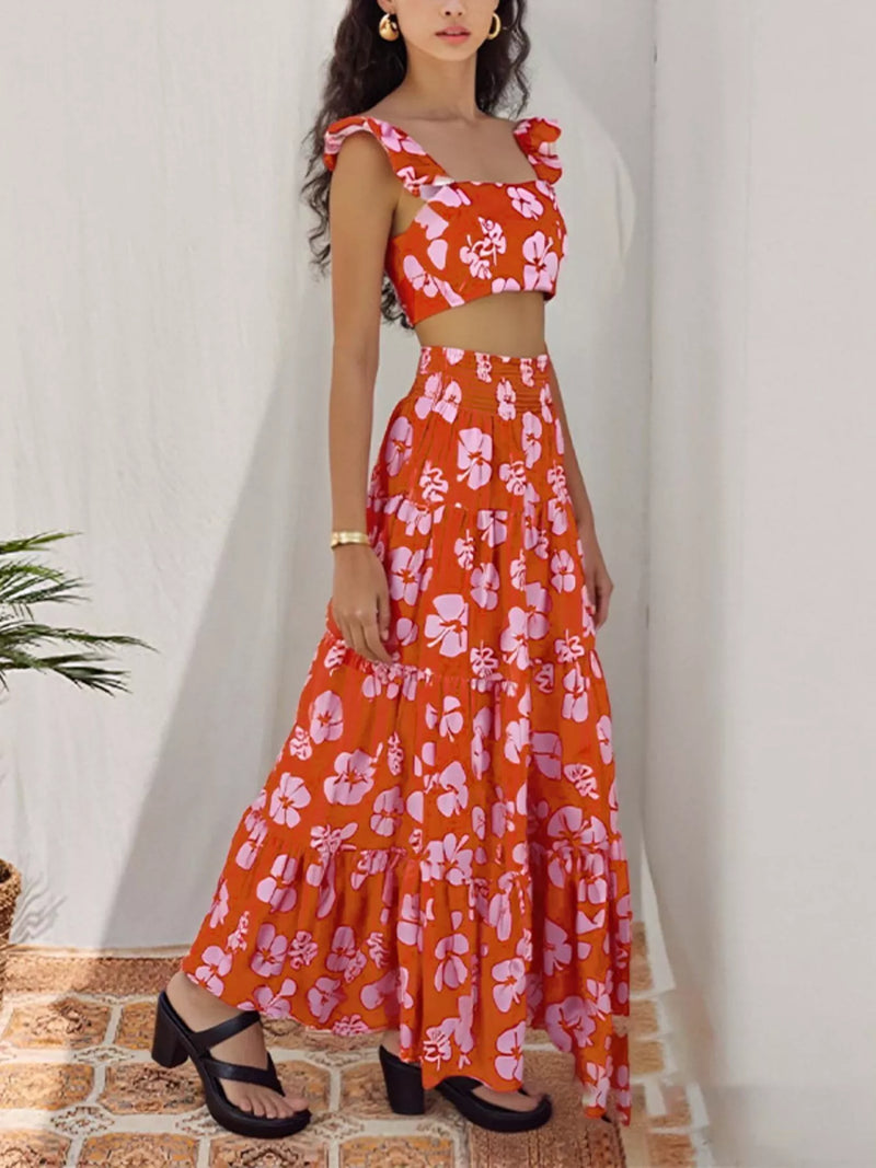 Crop top and tiered maxi skirt set front view