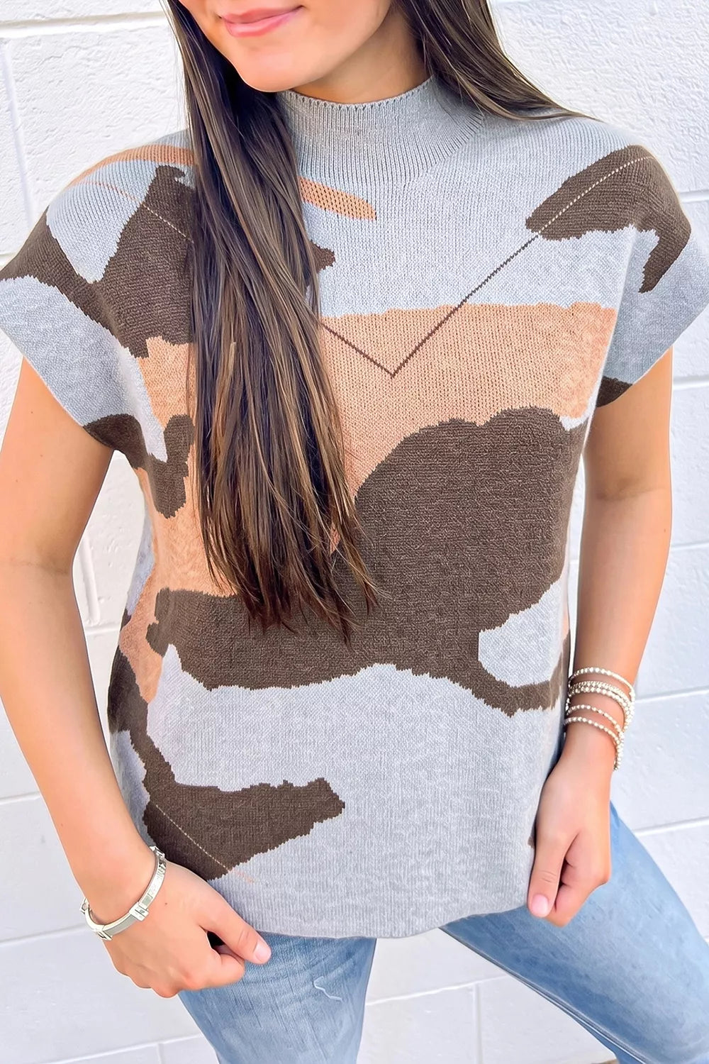 Camouflage High Neck Short Sleeve Sweater