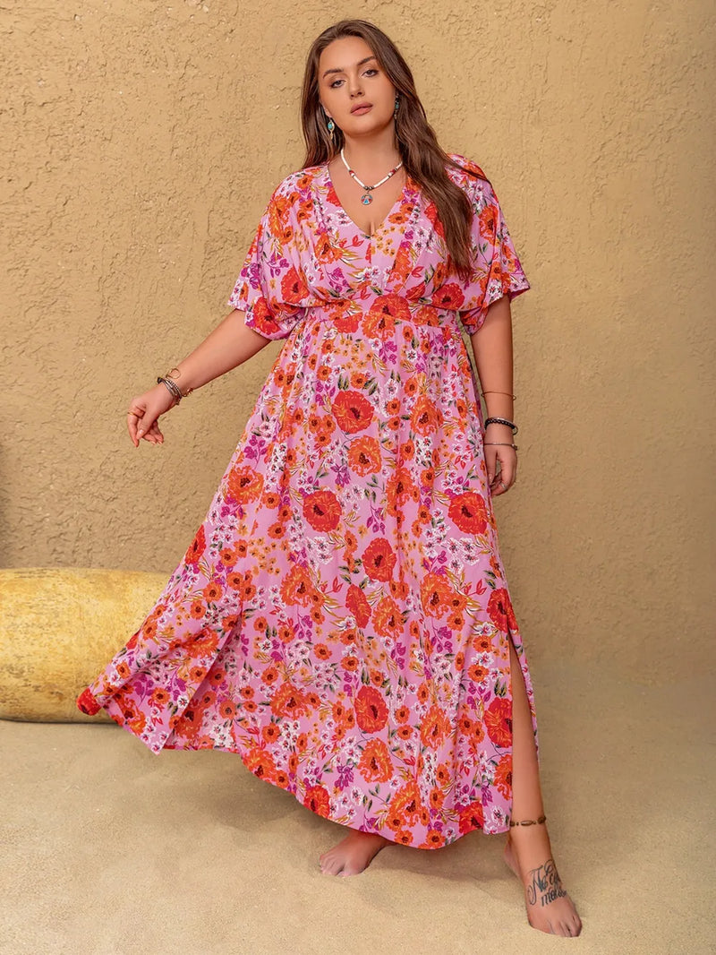 fuchsia plus size floral v neck half sleeve maxi dress front view